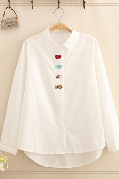 Fashion Women's Long Sleeve Lapel Neck Button Down Stripe Print Fish Embroidery Loose Fit Shirt