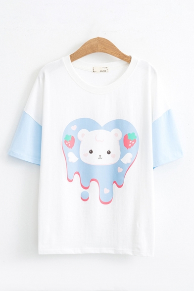 Girls Kawaii Short Sleeve Round Neck Bear Strawberry Patterned Relaxed Fit T Shirt