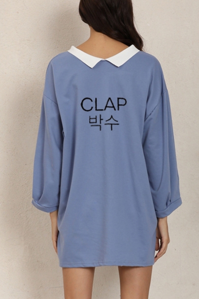 Korean Style Women's Long Sleeve Lapel Collar CLAP Letter Print Long Oversize Tee