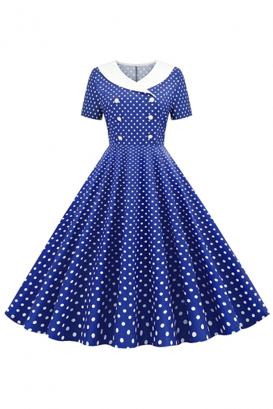 Lovely Girls' Short Sleeve Lapel Neck Double Breasted Polka Dot Pattern Maxi Pleated Swing Dress for Prom