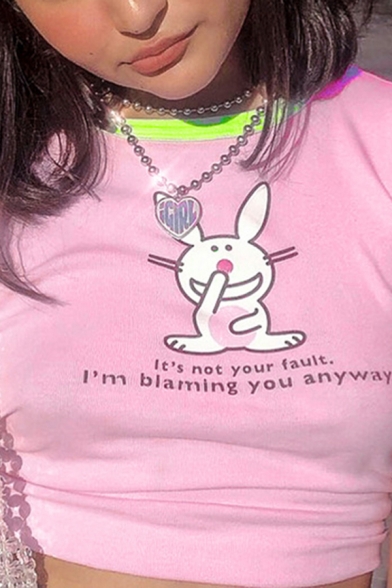 Lovely Stylish Street Girls Short Sleeve Crew Neck Letter IT'S NOT YOUR FAULT Rabbit Graphic Contrast Piped Slim Fit Crop Tee in Pink