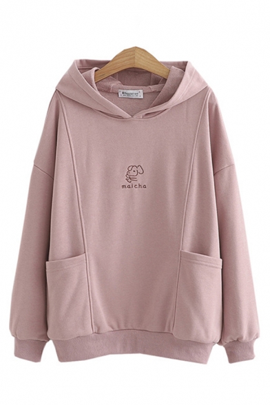 Pink Pretty Long Sleeve Dog Graphic Pockets Side Loose Fit Hoodie for Women