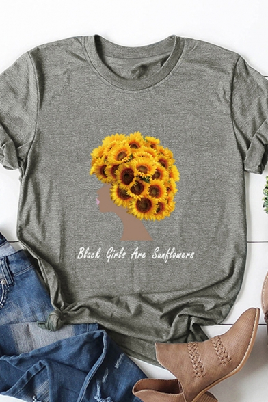 Popular Girls Roll-Up Sleeve Crew Neck Letter Sunflower Girl Graphic Loose T-Shirt