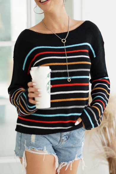 Popular Ladies' Long Sleeve Boat Neck Stripe Printed Loose Fit Sweater Top