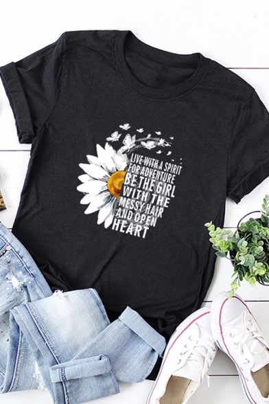 

Pretty Ladies Roll-Up Sleeve Crew Neck Letter Sunflower Printed Relaxed T Shirt, Black;burgundy;pink;gray, LC603364