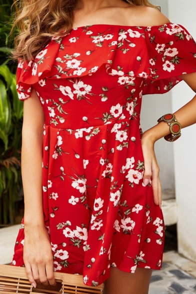 Red Boutique Off the Shoulder All Over Flower Pattern Short A-Line Dress for Women