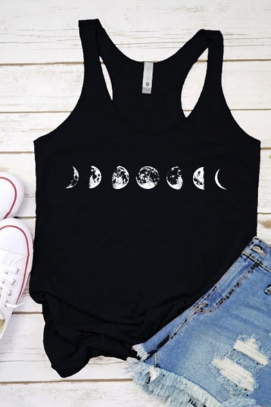 Simple Summer Ladies Sleeveless Round Neck Moon Printed Loose Fit Tank Top