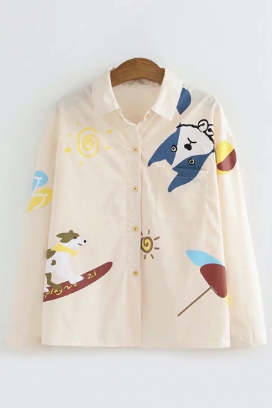 Stylish Ladies Long Sleeve Lapel Collar Button Down Dog Sun Patterned Loose Fit Shirt