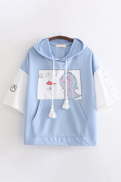 Trendy Girls Short Sleeve Drawstring Chinese Letter Dinosaur Graphic Contrasted Relaxed Hoodie with Pocket
