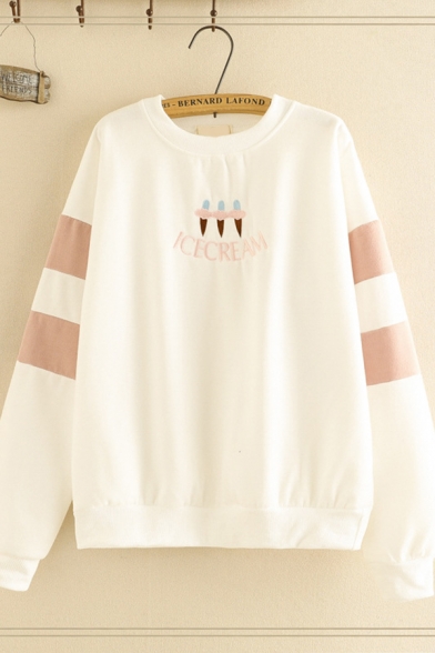 Trendy Ladies' Long Sleeve Crew Neck Letter ICECREAM Graphic Embroidery Striped Loose Fit Pullover Sweatshirt