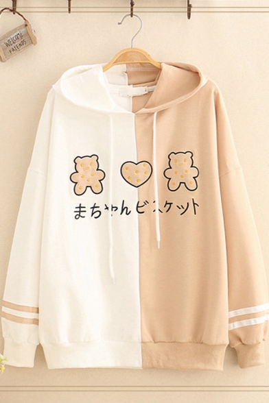 Unique Lovely Girls' Long Sleeve Drawstring Bear Heart Embroidery Japanese Letter Colorblock Varsity Stripe Loose Fit Hoodie