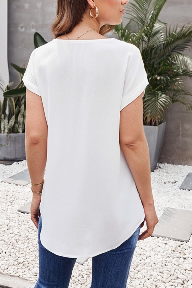 Women's Leisure Plain Short Sleeve Round Neck Half Zipper Loose T Shirt