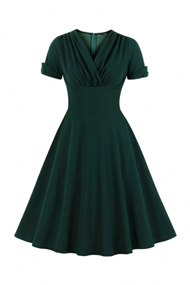Classic Green Roll-Up Sleeve Surplice Neck Maxi Pleated Solid Color Swing Dress for Ladies
