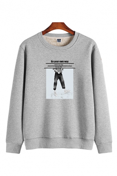 Classic Guys' Long Sleeve Crew Neck Letter GET YOUR OWN WAY Cartoon Printed Sherpa Liner Relaxed Sweatshirt