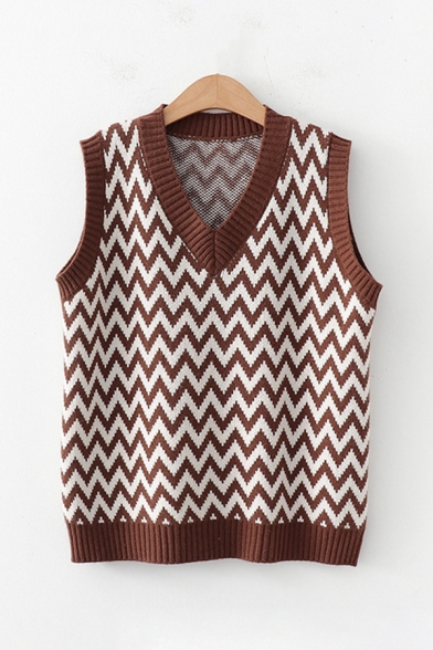 

Classic Sleeveless V-Neck Chevron Patterned Knitted Relaxed Tank Top for Womens, Black;coffee, LM599306