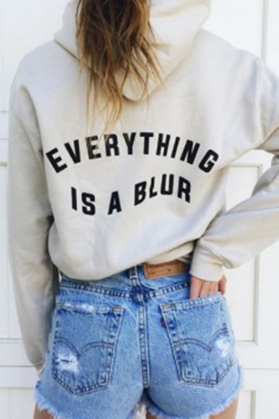 Cool Gray Long Sleeve EVERYTHING IS A BLUR Letter Print Loose Fit Crop Hoodie for Girls