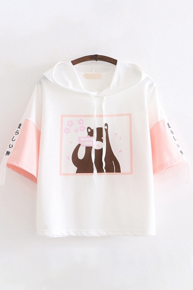 Cute Kawaii Girls Short Sleeve Drawstring Japanese Letter Bear Print Relaxed Graphic Hoodie