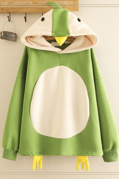 Designer Lovely Long Sleeve Color Block Penguin Patterned Loose Fit Hoodie for Girls