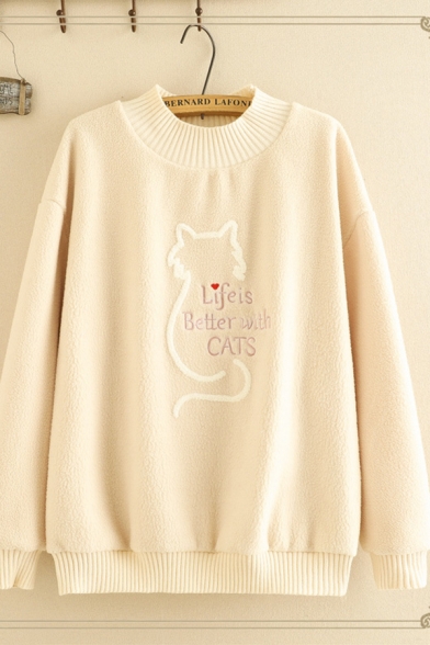 Fashionable Women's Long Sleeve Crew Neck Letter LIFE IS BETTER WITH CATS Cat Graphic Embroidery Loose Sweatshirt