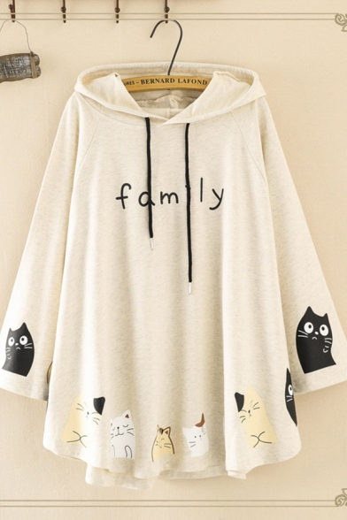 Fashionable Women's Long Sleeve Drawstring Letter FAMILY Cat Graphic Oversize Ears Hoodie