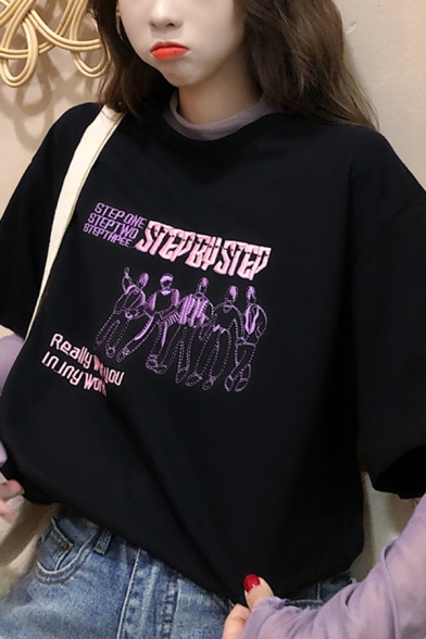 Korean Girls Short Sleeve Round Neck STEP BY STEP Graphic Oversize Black Tee with Purple Mesh T-Shirt