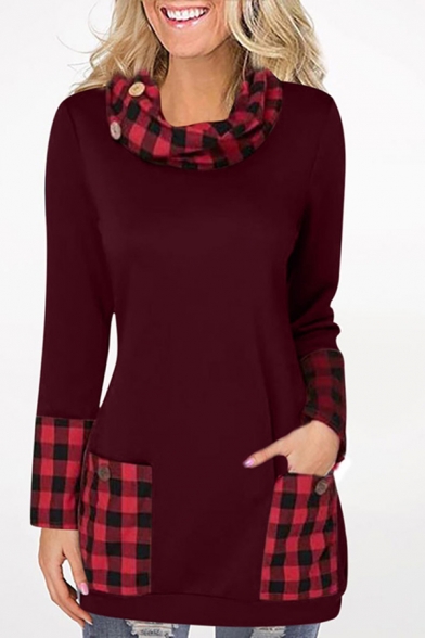 Leisure Women's Long Sleeve Cowl Neck Plaid Patterned Panel Pockets Side Longline Fitted T Shirt
