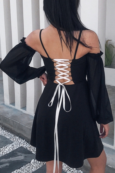 Lovely Fancy Long Sleeve Cold Shoulder Lace Up Back Lace Patched Short Pleated A-Line Dress in Black