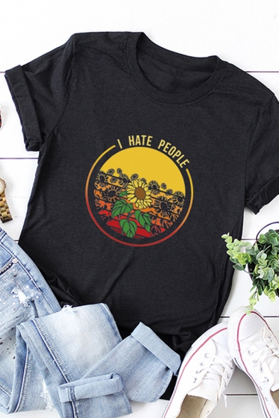 Novelty Womens Roll Up Sleeve Crew Neck Letter I HATE PEOPLE Sunflower Graphic Loose T Shirt
