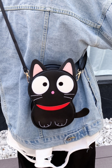Popular Cute Girls Cat Printed Messenger Bag in Black