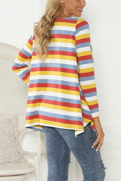 Popular Girls' Long Sleeve Round Neck Stripe Printed Asymmetric Hem Oversize T Shirt