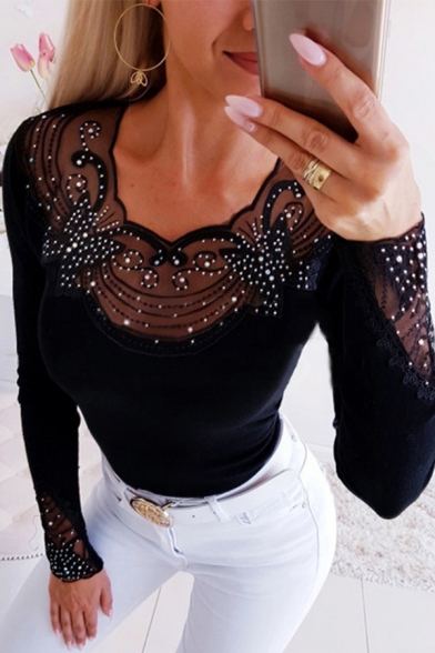 Popular Hot Women's Long Sleeve Round Neck Sheer Mesh Patched Rhinestone Slim Fit T-Shirt in Black