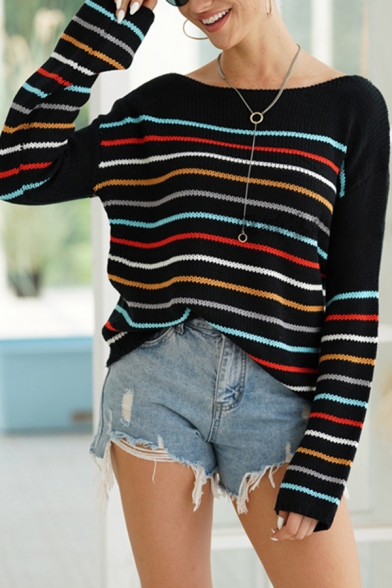 Popular Ladies' Long Sleeve Boat Neck Stripe Printed Loose Fit Sweater Top