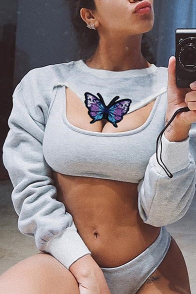 Popular Womens Long Sleeve Crew Neck Butterfly Embroidery Asymmetric Hem Relaxed Pullover Sweatshirt in Gray