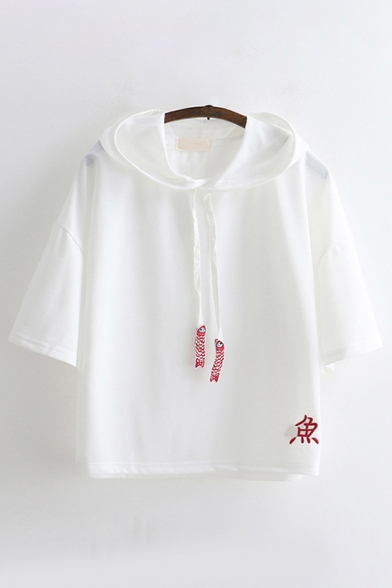 Preppy Girls' Short Sleeve Drawstring Fish Chinese Letter Embroidery Relaxed Hooded T Shirt