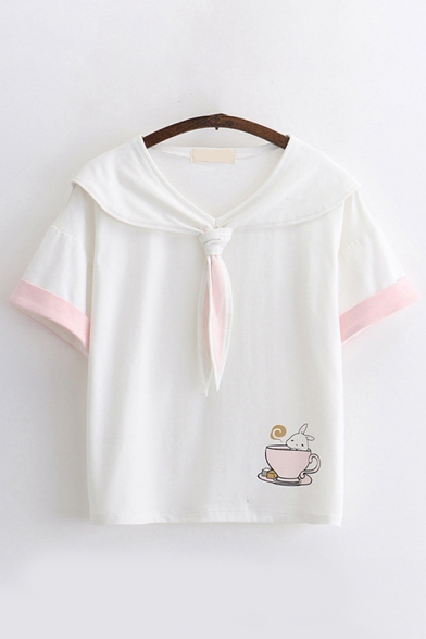 Preppy Girls Short Sleeve Peter Pan Collar Tied Front Rabbit Printed Contrast Piped Relaxed T-Shirt