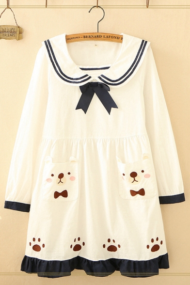 Preppy Looks Long Sleeve Sailor Collar Striped Contrasted Bear Paw Pattern Pocket Panel Ruffled Short Swing Dress for Girls