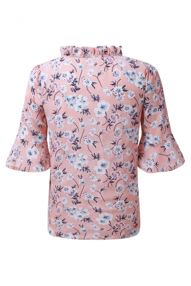 Pretty Girls Bell Sleeve Bow Tie Neck All Over Floral Printed Relaxed Fit Blouse Top