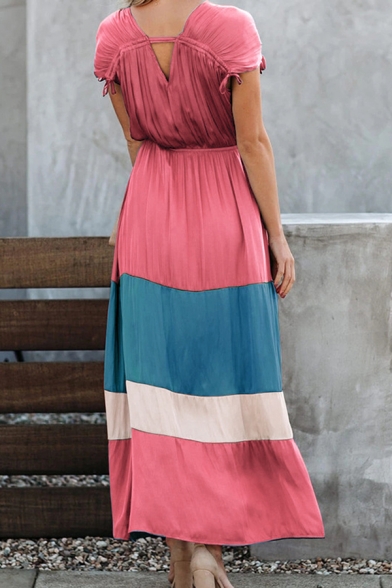 Pretty Nice Women's Short Sleeve Surplice Neck Colorblocked Striped Drawstring Ruched Maxi Flowy Dress