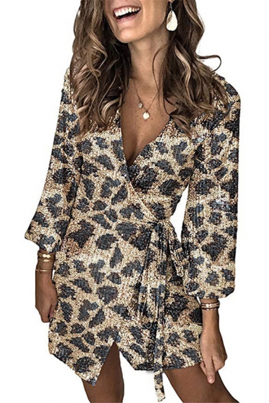 Sexy Fancy Ladies Long Sleeve Surplice Neck Tied Waist Leopard Printed Sequined Mini Wrap Dress