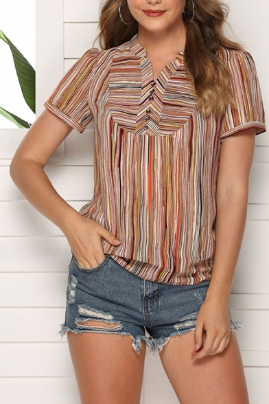 Simple Popular Women's Short Sleeve V-Neck Button Front Striped Loose Fit T Shirt in Gray