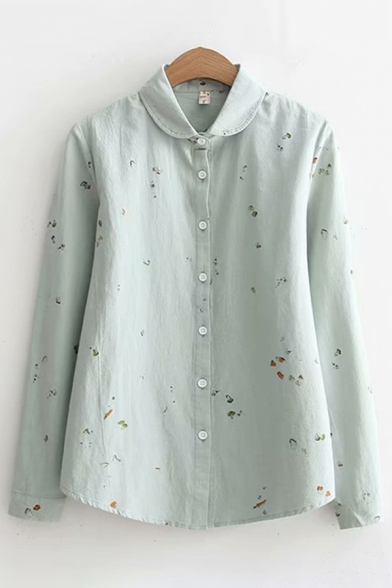 Simple Womens Long Sleeve Lapel Collar Button Down Cartoon All Over Printed Relaxed Shirt