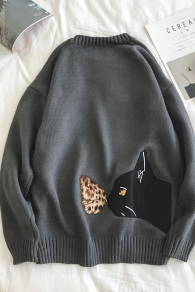 Stylish Men's Long Sleeve Crew Neck Black Cat Butterfly Pattern Knit Oversize Sweater Top