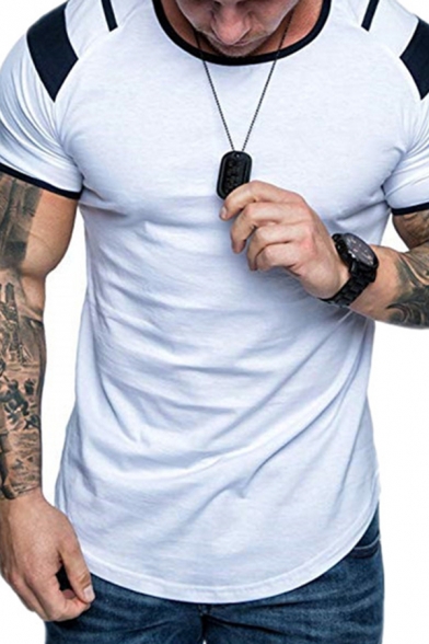 Stylish Mens Short Sleeve Round Neck Constrasted Curved Hem Fitted T-Shirt