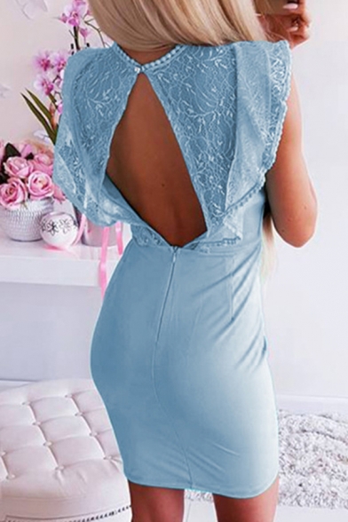 Trendy Women's Ruffled Sleeve Crew Neck Sheer Lace Panel Cut Out Back Mini Tight Dress in Blue