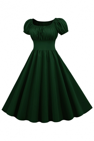Women's Formal Retro Puff Sleeves Square Neck Solid Color Maxi Pleated Swing Evening Dress