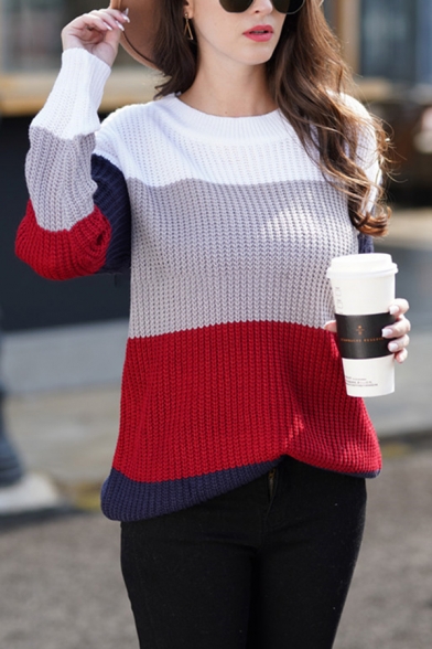 Women's Trendy Street Long Sleeve Round Neck Colorblocked Waffle Knitted Loose Fit Sweater