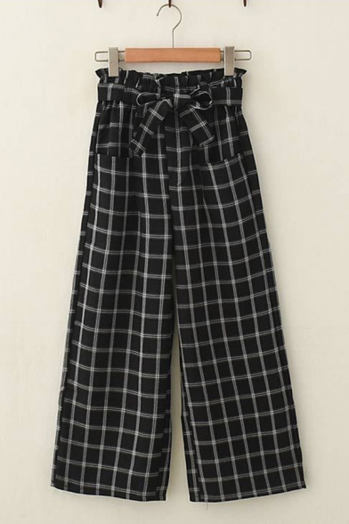 Womens Trendy Bow Tied Waist Plaid Patterned Long Length Wide-Leg Trousers