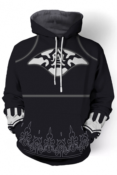 Automata Anime Cosplay Mens Long Sleeve Drawstring 3D Patterned Loose Black Hoodie with Pocket