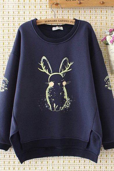Casual Girls Long Sleeve Round Neck Rabbit Printed Slit Side Long Oversize Pullover Sweatshirt