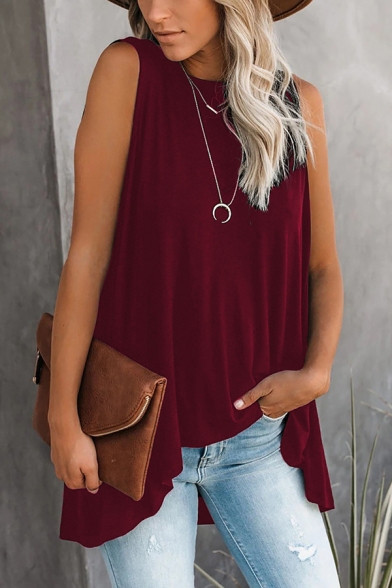 Casual Women's Solid Color Crew Neck Asymmetric Hem Relaxed Fit Tank Top